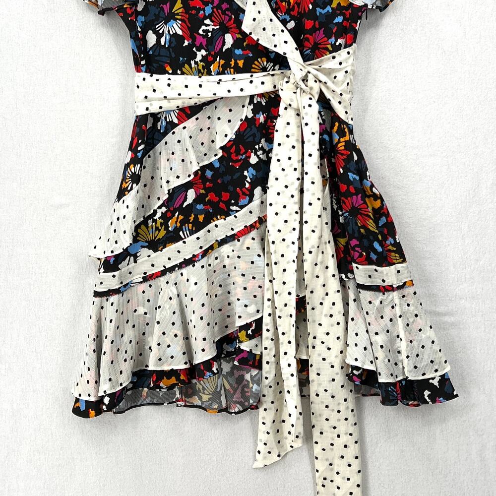 TANYA TAYLOR Bianka Combo Silk Wrap Dress Womens 8 Floral Polka Dot Ruffle Wrap - Picture 8 of 16